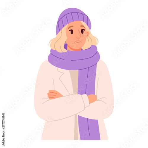 Sad Young Woman Wearing Winter Hat and Scarf. Flat Vector Illustration.