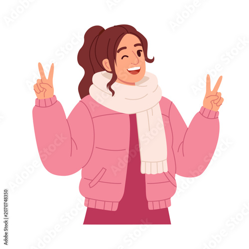 Happy Young Woman Showing Peace Gesture in Winter Outfit. Flat Vector Illustration.