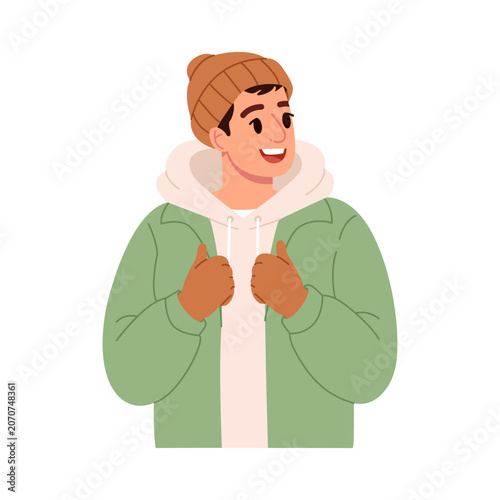 Smiling Young Man in Green Winter Jacket. Flat Vector Character Illustration.