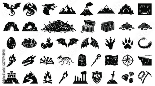 Tableau sur toile Collection of Fantasy Adventure Icons: Dragons, Treasure, and Mythical Elements