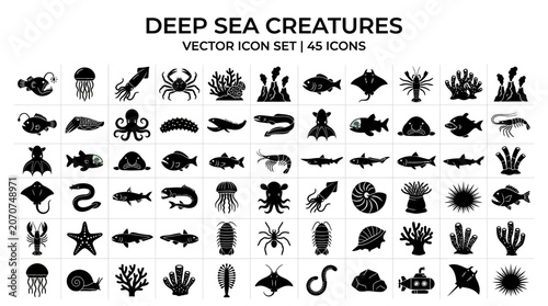 Принти на полотні Deep Sea Creatures Vector Icon Set with Marine Life and Underwater Animals