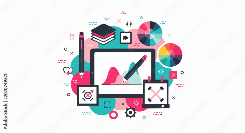 Obraz premium Graphic Design and Digital Art Illustration featuring Creative Software Tools, Color Palettes, Stylus, and UI UX Development Concept
