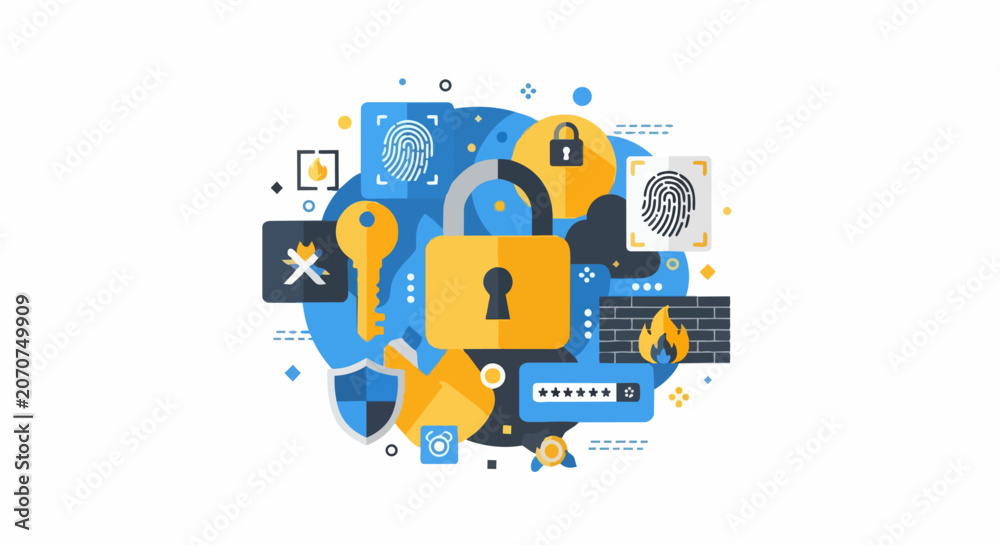 Obraz premium Cybersecurity and Network Security Flat Illustration Concept with Padlock, Biometrics, Firewall, and Data Protection Elements