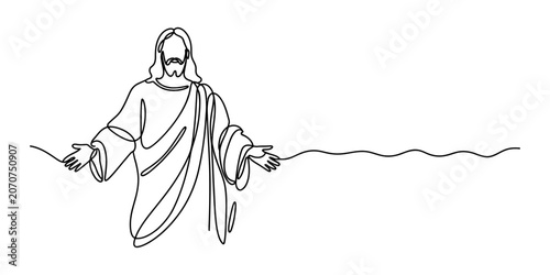Tableau sur toile Jesus christ with open arms in a single continuous line drawing style, represent