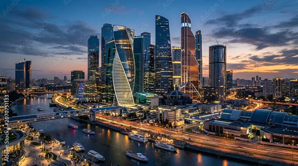 Obraz premium Moscow City Skyline at Dusk with River and Lights