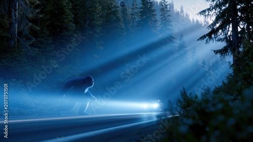 Bigfoot Crosses a Remote Forest Road During a Foggy Evening in the Woods