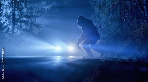 Bigfoot Crosses a Dark Road in the Forest During a Foggy Evening