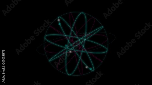 Neon atom orbit structure on dark background. Digital CRM data analytics network hub with glowing particle flow for business information system integration and technology connection strategy.
