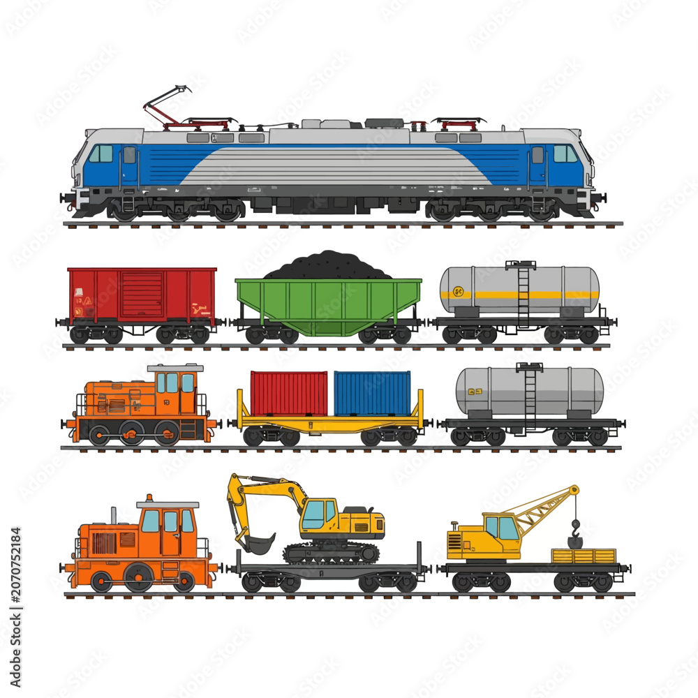 Fototapeta premium Train with freight wagons vector illustration on white