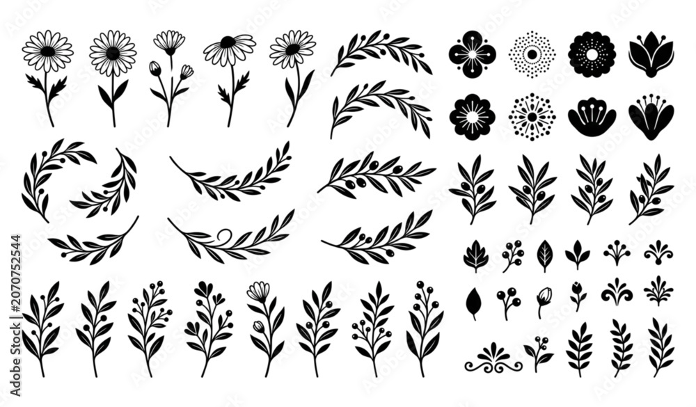 Fototapeta premium Minimalist Botanical Clip Art Collection with Retro Flowers, Organic Leaves and Floral Decorative Elements