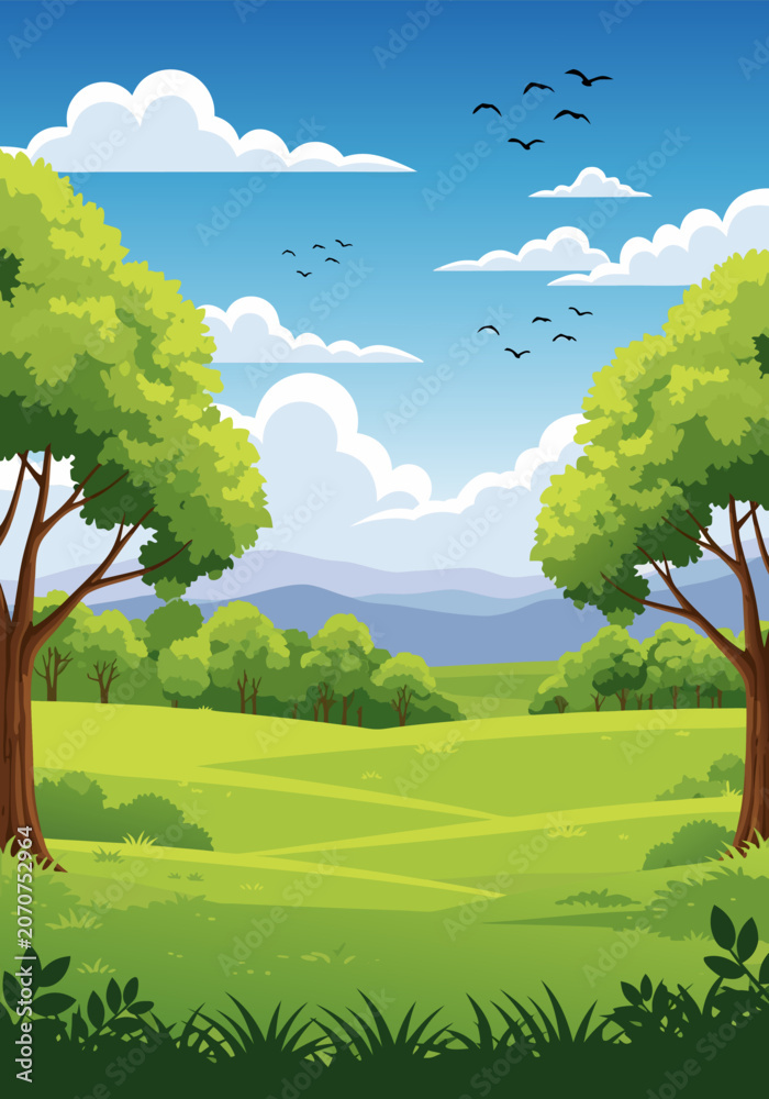 Fototapeta premium Spring Nature Landscape Illustration Vector Featuring Lush Green Hills and Trees Under a Clear Sunny Sky with Flying Birds for Background