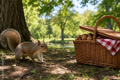 Squirrel approaching a picnic basket with nuts in a sunny park setting.