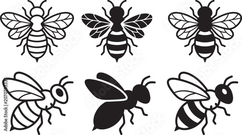 Honey Bee Vector Icon Set – Bee Silhouette, Honeybee Outline, Apis Mellifera Insect Logo Collection