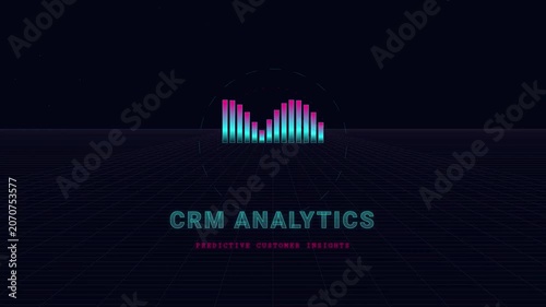 CRM digital software interface display business technology automation. Cyberpunk background with customer data analytics management platform. Retro neon grid present predictive insight solution.