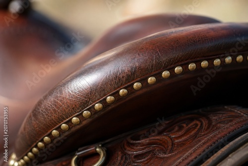 Extreme close-up of a western saddle cantle with aged leather and brass rivets.