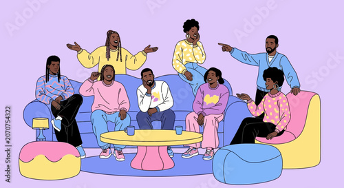 Diverse group of young people sitting together on a sofa