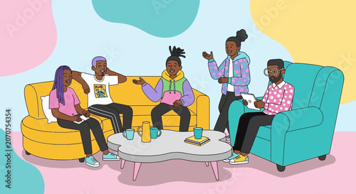 Group of diverse friends talking and sitting on sofas