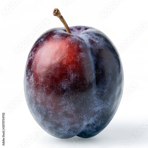 Ripe purple plum with stem isolated on white background, fresh organic damson fruit, sweet dark blue plum for healthy food concepts