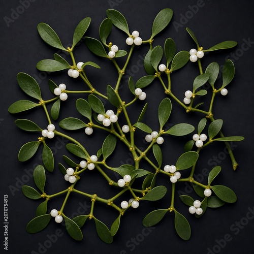 Mistletoe stems and white berries on a dark background, high contrast.