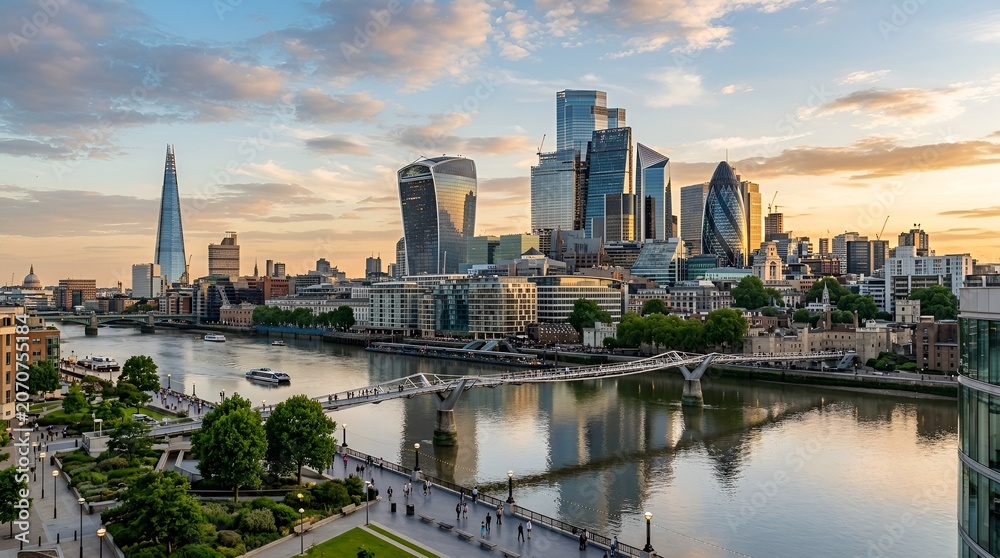 Fototapeta premium London Cityscape with River Thames at Sunset, Modern Architecture