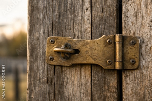 Vintage brass hasp and staple on weathered wooden door, rustic security and antique hardware concept.