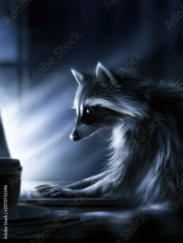 Freelancer Works Late at Desk in Dim Light With Laptop and Coffee