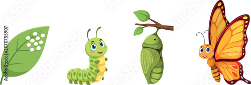 Foto Butterfly Life Cycle Cartoon Vector Set Featuring Leaf with Eggs Cute Caterpilla