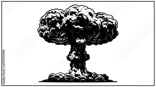 Black and white illustration of a large mushroom cloud nuclear explosion
