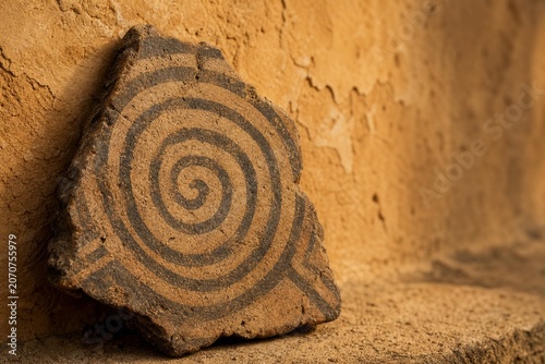 Spiral pattern on ancient pottery shard against an ochre wall.
