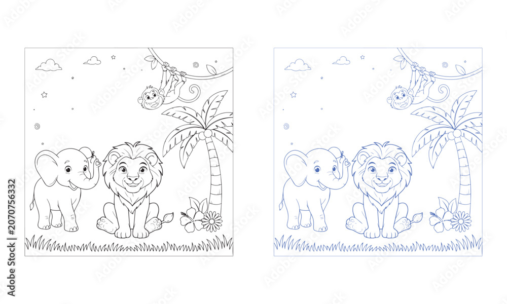 Fototapeta premium Png Isolated on Transparent Background Featuring Animal Jungle Scene Illustration with Elephant Lion and Playful Flowers