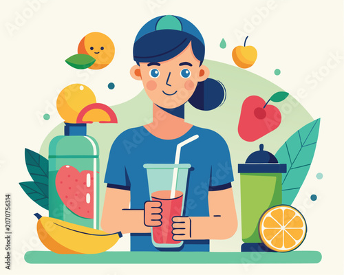 Young woman holding juice drink in a casual setting