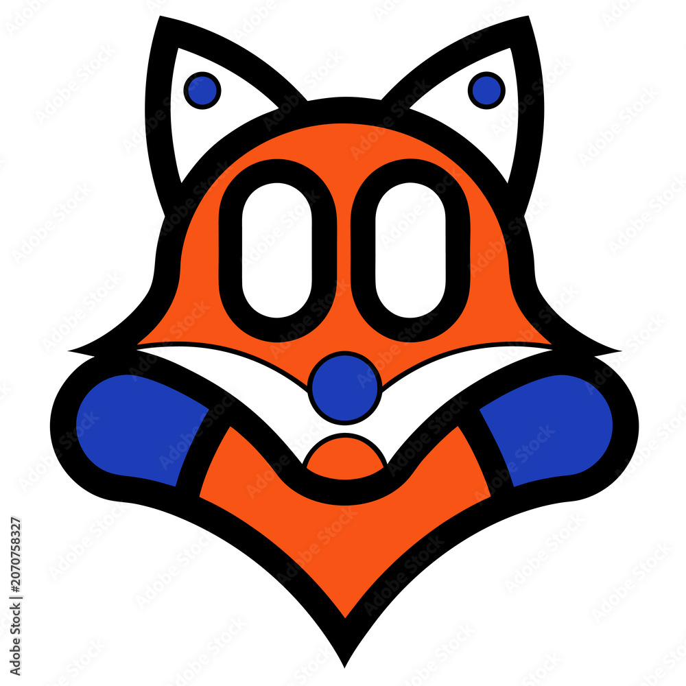 Fototapeta premium A cartoon fox face with orange, white, blue, and black colors