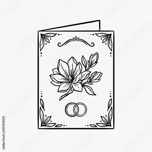 Black and white line art of a blooming passion flower.