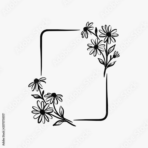 Black and white line art of a potted plant with flowers.
