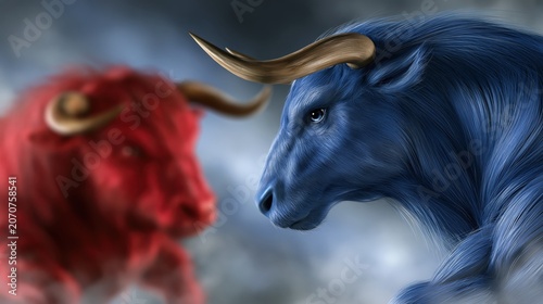 Political Debate Between Red and Blue Bulls in a Dramatic Setting