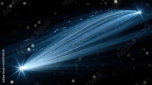 Rare Cosmic Event With Blue Comet Showing Long Tail in Dark Sky