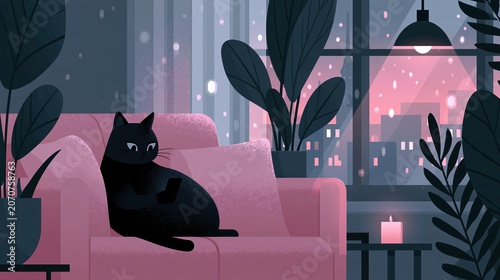 Realistic Black Cat on Sofa Using Smartphone in Evening Indoors