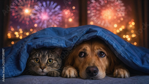 Cat and dog hiding together under blue blanket during fireworks