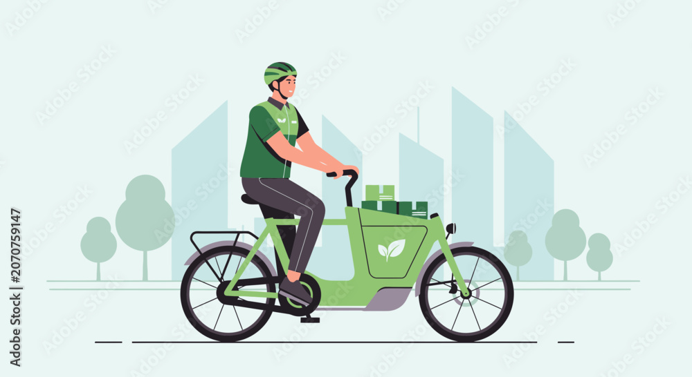 Fototapeta premium Eco-friendly delivery cyclist with cargo bike in city landscape - illustration