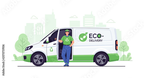 Eco delivery van with driver and green city background. Sustainable transport.