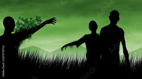Three Zombies Stand in a Dark Green Landscape