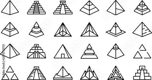Collection of ancient pyramid architecture icons vector with architecture monument landmark vector