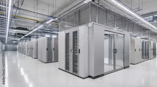 Bright white data center server room with rows of secure cabinets, cable trays, glass doors, and overhead lighting.
