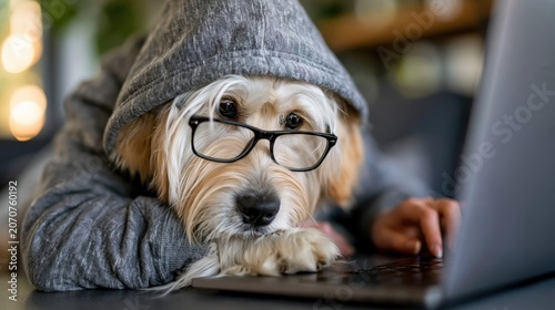 Golden Retriever in Hoodie Works on Laptop in Cozy Indoor Setting