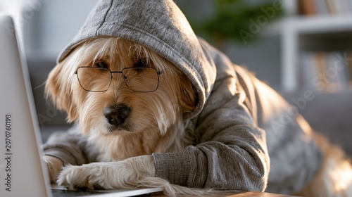 Golden Retriever Wearing Hoodie Sits at Desk With Laptop in Cozy Indoor Space