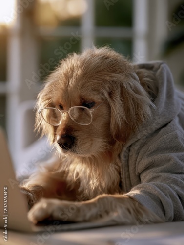 Golden Retriever in Hoodie Using Laptop in Cozy Indoor Setting During Sunset
