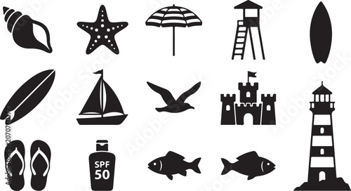 Tableau sur toile Black silhouettes of summer essentials: sunscreen, sunglasses, hats, and beach a