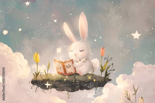 Enchanting bunny reading on a floating cloud with stars and flowers