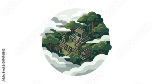 Ancient jungle pyramid ruins in circular landscape.