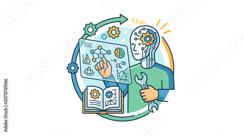 Android studying complex molecular structures on digital tablet.